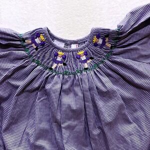 Silly Goose Smocked Dress Kids 6 Purple Gingham Cheerleader Hand Smocked Bishop